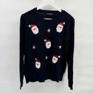Women's Embellished Black Sweater with Sequin Santa Design